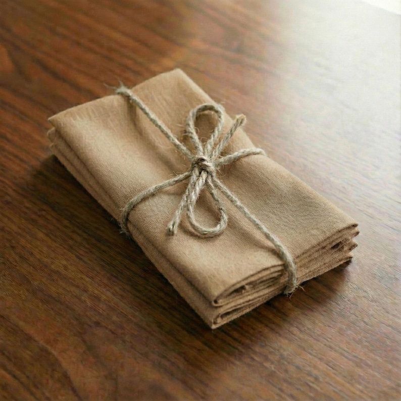 Stack of soft peach stonewashed linen napkins tied with twine on a wooden table