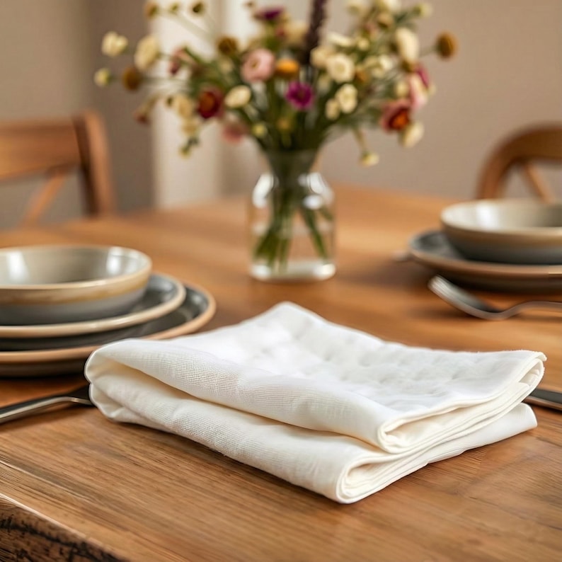 Folded white linen napkins on a wooden dining table set with plates and a vase of flowers