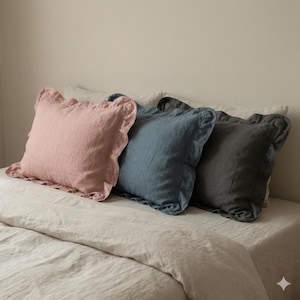 Puede incluir: Tres cojines cuadrados con bordes con volantes dispuestos en fila. Los cojines son de color rosa suave, azul apagado y gris carb&oacute;n oscuro. Cada coj&iacute;n presenta una superficie de tela texturizada y un borde decorativo con volantes alrededor.