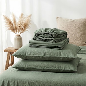 Forest Green Linen Sheet Set, Stonewashed European Flax, Deep Pocket image 1