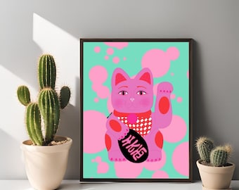 Pink Lucky Cat print A4