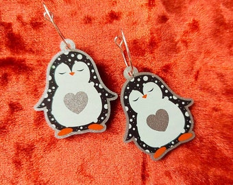 Penguin silver glitter acrylic earrings