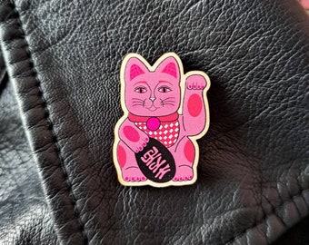 Lucky cat wooden pin badge