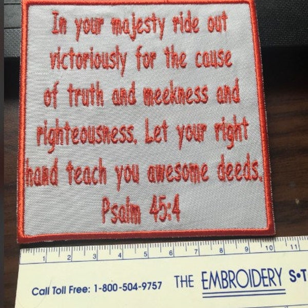 Embroidered patch, biker, Bible verse, In your majesty, square, sew-on, religious, Christian, Psalm 45:4