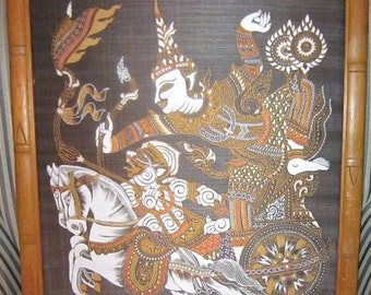 Antique Thai Batik Painting, Framed, Siamese Mythology Painting, Silk Painting, Asian Art