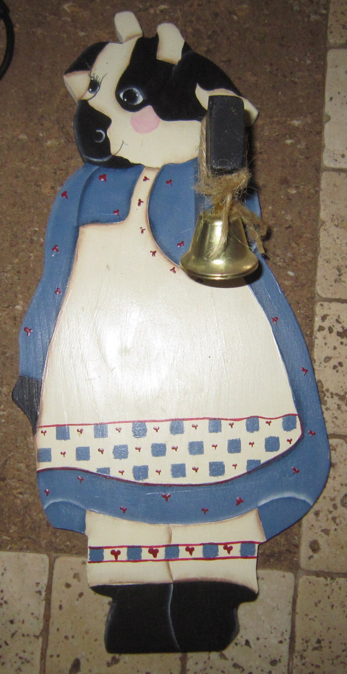 Vintage Wood Cow, Folk Art, Hand Carved Spotted Cow With Bell, Country