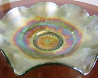 Northwoods Green Carnival Glass Dish, Blossoms and Shells, Blossoms and Palms Ruffled Bowl