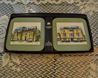 Vintage Clover Leaf Coasters, 6 Cork Coasters, English Pubs by Ronald Maddox, Original Box, Cork Placemats, Made in the UK