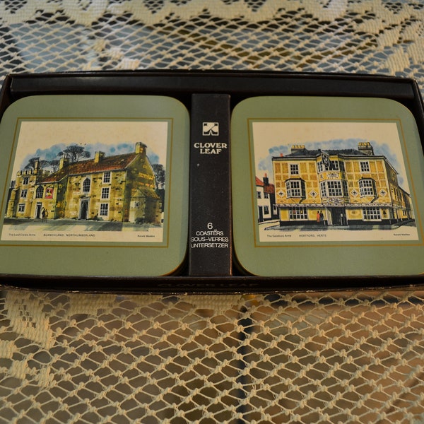 Vintage Clover Leaf Coasters, 6 Cork Coasters, English Pubs by Ronald Maddox, Original Box, Cork Placemats, Made in the UK