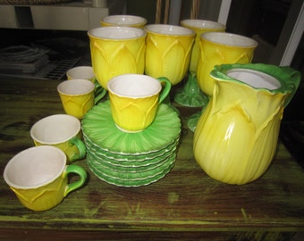 Tastesetter Collection, 17 pieces, AMM Tea Set, Yellow & Green Beverage Set, Floral Drinkware