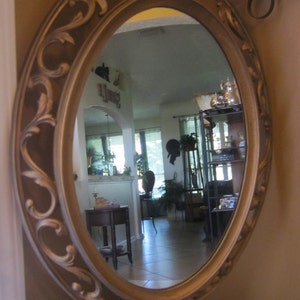 Hollywood Regency, Gold Mirror, Ornate Raised Frame Oval Acanthus Leaf, Fleur de Lis, Vintage Mirror