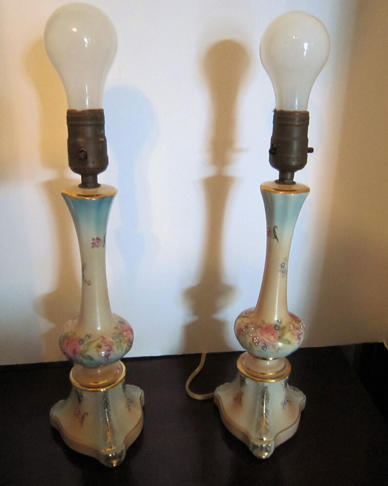 Vintage Lamps Boudoir Table Ceramic Fl Pair Cottage Chic Hand Painted Victorian Retro Lighting