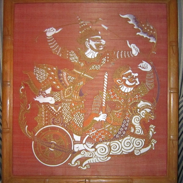 Antique Thai Batik Painting, Framed, Siamese Mythology Painting, Silk Painting, Asian Art