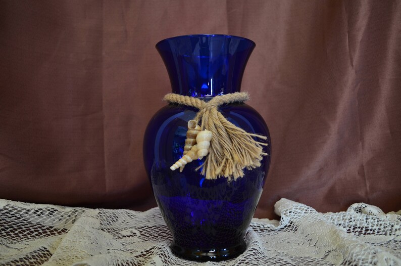 Cobalt Blue Glass Vase With Rope Seashell Detail Etsy