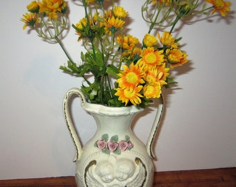 Vintage Barbola Twin Cherubs, Rose Swag Handled Urn, Vase, Pink Roses, Shabby Chic, Ivory Vase, French Country Decor