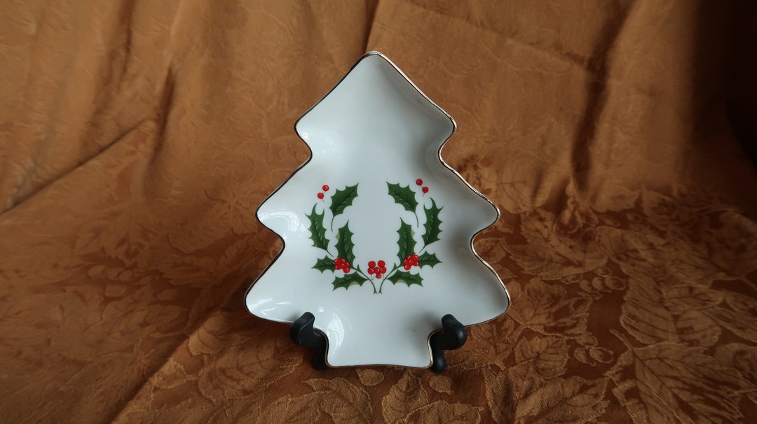 Vintage Christmas Tree Shaped Plate, Mistletoe Design, Candy Dish