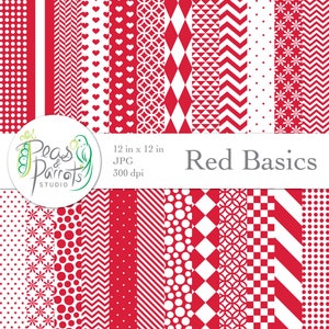 Peut inclure: Un ensemble de 12 motifs de papier numérique en rouge et blanc. Les motifs comprennent des pois, des rayures, des cœurs, des étoiles et des formes géométriques. Les papiers mesurent 30,5 cm sur 30,5 cm et 300 dpi. Red Basics par Peas & Parrots Studio.