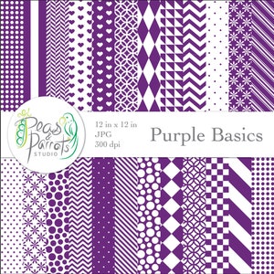 Peut inclure: Un ensemble de 12 papiers numériques à motifs en violet et blanc. Les motifs comprennent des pois, des rayures, des cœurs, des chevrons et plus encore. Les papiers mesurent 30,5 cm sur 30,5 cm et 300 dpi.  Purple Basics par Peas & Parrots Studio.