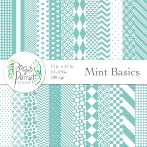 Peut inclure: Un ensemble de 24 motifs de papier numérique en vert menthe et blanc. Les motifs comprennent des pois, des rayures, des cœurs, des diamants et plus encore. Les papiers mesurent 30,5 cm sur 30,5 cm et 300 dpi. Mint Basics par Peas & Parrots Studio.