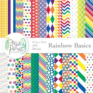Peut inclure: Un ensemble de 12 papiers numériques aux couleurs de l'arc-en-ciel et aux motifs variés, notamment des pois, des rayures, des cœurs et des formes géométriques. Les papiers mesurent 30,48 cm sur 30,48 cm et ont une résolution de 300 dpi. Le texte "Rainbow Basics" est affiché sur l'image.