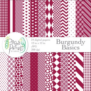 Peut inclure: Un ensemble de 24 papiers numériques en bordeaux et blanc avec différents motifs géométriques, y compris des pois, des cœurs, des étoiles et des rayures. Les papiers mesurent 30,5 cm sur 30,5 cm et 300 dpi. Le texte "Burgundy Basics" est affiché sur l'image.
