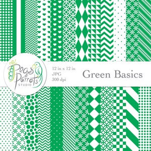 Peut inclure: Un ensemble de 12 papiers numériques à motifs en vert et blanc. Les motifs comprennent des pois, des étoiles, des cœurs, des rayures et des formes géométriques. Les papiers mesurent 30,5 cm sur 30,5 cm et 300 dpi. Green Basics.