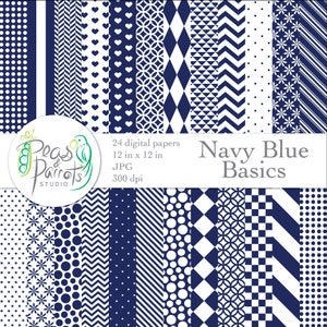 Peut inclure: Un ensemble de 24 papiers numériques en bleu marine et blanc avec différents motifs géométriques, y compris des pois, des étoiles, des cœurs et des rayures. Les papiers mesurent 30,5 cm sur 30,5 cm et 300 dpi. Le texte "Navy Blue Basics" est affiché sur l'image.