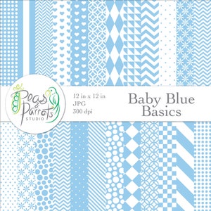 Peut inclure: Un ensemble de 12 papiers numériques à motifs en bleu bébé et blanc. Les motifs comprennent des pois, des rayures, des cœurs, des étoiles et des formes géométriques. Les papiers mesurent 30,5 cm sur 30,5 cm et 300 dpi.
