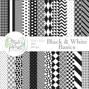 Peut inclure: Un ensemble de 12 motifs de papier numérique en noir et blanc. Les motifs comprennent des pois, des rayures, des cœurs, des étoiles et des formes géométriques. Les papiers mesurent 30,48 cm sur 30,48 cm et 300 dpi.