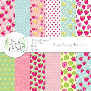 May include: Twelve digital papers featuring a variety of patterns with strawberries, bananas, and kiwi fruit. The papers are 12 inches by 12 inches and 300 dpi.