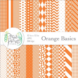 Peut inclure: Un ensemble de 12 motifs de papier numérique en orange et blanc. Les motifs comprennent des pois, des rayures, des cœurs, des chevrons et plus encore. Les papiers mesurent 30,5 cm sur 30,5 cm et 300 dpi. Orange Basics par Peas & Parrots Studio.