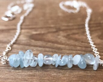 Raw Aquamarine Bar Necklace - March Birthstone Jewelry - Pisces Necklace - Raw Crystal Necklace - Gift for Her