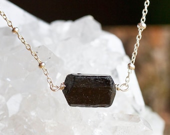 Raw Black Tourmaline Necklace - Empath Protection - EMF Jewelry - October Birthstone - Libra Necklace - - Black Stone Necklace