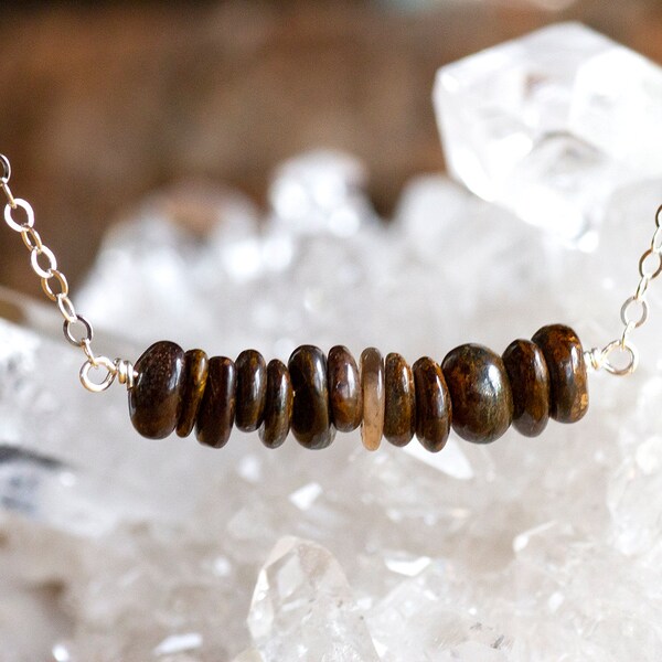 Bronzite Bar Necklace - Bonzite Stone Necklace - Bonztie Jewelry - Crystal Necklace for Her - Wife Gift for Her