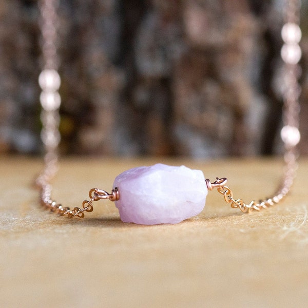 Raw Kunzite Necklace - Raw Stone Necklace - Kunzite Jewelry - Crystal Necklace - Heart Charka Crystal Jewelry - Gift for Her