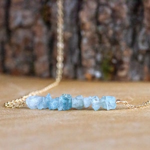 Raw Aquamarine Bar Necklace - March Birthstone Jewelry - Pisces Necklace - Raw Crystal Necklace - Gift for Her