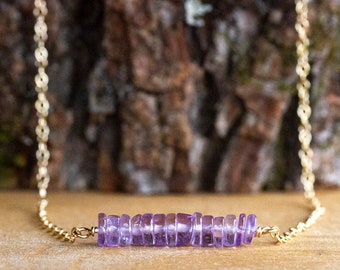 Raw Amethyst Bar Necklace in Silver, Gold, Rose Gold - February Birthstone Jewelry - Aquarius Necklace - Crown Chakra Necklace