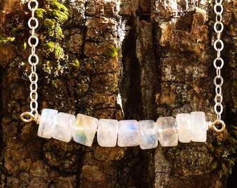 Rainbow Moonstone Bar Necklace - Gemini June Birthstone Necklace - June Birthday Gift - Healing Crystal Necklace - Moonstone Jewelry