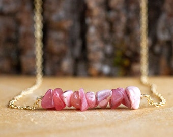 Raw Rhodochrosite Necklace | Pink Gemstone Bar Jewelry | Love Crystal Necklace | Heart Chakra Gift | Silver or Gold Fill