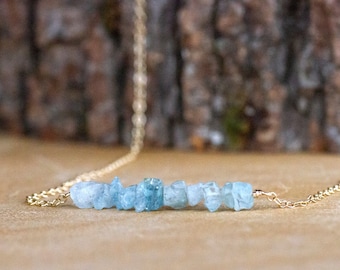 Raw Aquamarine Bar Necklace - March Birthstone Jewelry - Pisces Necklace - Raw Crystal Necklace - Gift for Her