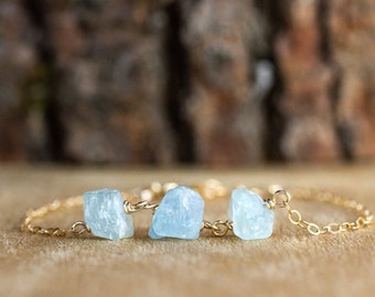 Engraved Raw Aquamarine Bracelet - Raw Crystal Bracelet - Healing Crystal Bracelet - Gift for Her - March Birthstone Bracelet
