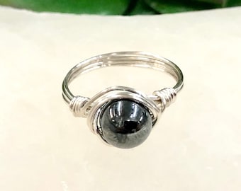 Hematite Wire-Wrapped Ring - Dainty Hematite Ring - Root Chakra Jewelry - Meditation Ring  - Gemstone Ring - Dainty Stone Ring