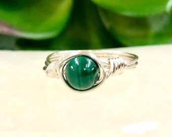 Malachite Wire-Wrapped Ring - Dainty Malachite Ring - Heart Chakra Jewelry - Meditation Ring  - Gemstone Ring - Dainty Stone Ring