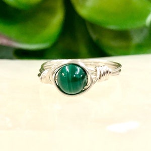 Malachite Wire-Wrapped Ring - Dainty Malachite Ring - Heart Chakra Jewelry - Meditation Ring  - Gemstone Ring - Dainty Stone Ring