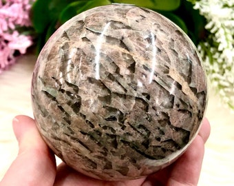 Peach Moonstone with Smoky Quartz Sphere 77mm VN - Heart Chakra - Solar Plexus Chakra - Crystal Grid - Altar Decor - Meditation Crystal
