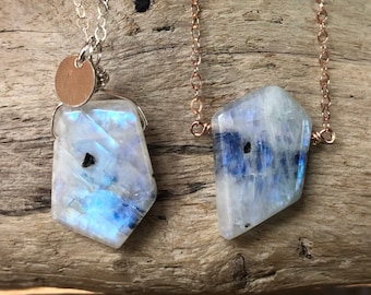 Rainbow Moonstone Necklace | June Birthstone Jewelry | Black Tourmaline Moonstone | Raw Crystal Pendant |Gemini Cancer Gift