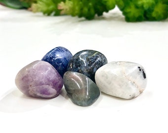 Psychic Intuition Crystal Intention Set - Amethyst - Sodalite - Labradorite - Rainbow Moonstone -Indigo Gabbro - Crystal Grid - Altar Decor