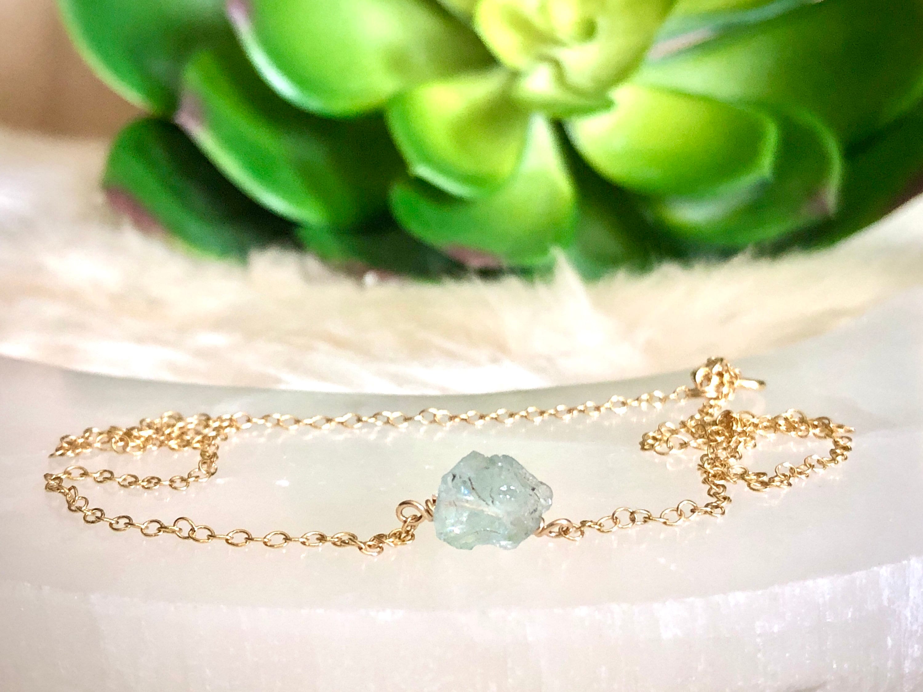 Raw Dainty Crystal Aquamarine Necklace - March Birthstone Jewelry - Pisces Necklace - Aquamarine Pendant - Gift for Pisces