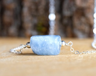 Raw Blue Calcite Necklace | Blue Gemstone Jewelry | Throat Chakra Stone | Calming Spiritual Gift | Sterling Silver or Gold Fill