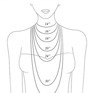 May include: A line drawing of a person wearing necklaces of different lengths, showing how they would look on a person. The lengths are labeled in inches: 14", 16", 18", 20", 24", 30", and 33".